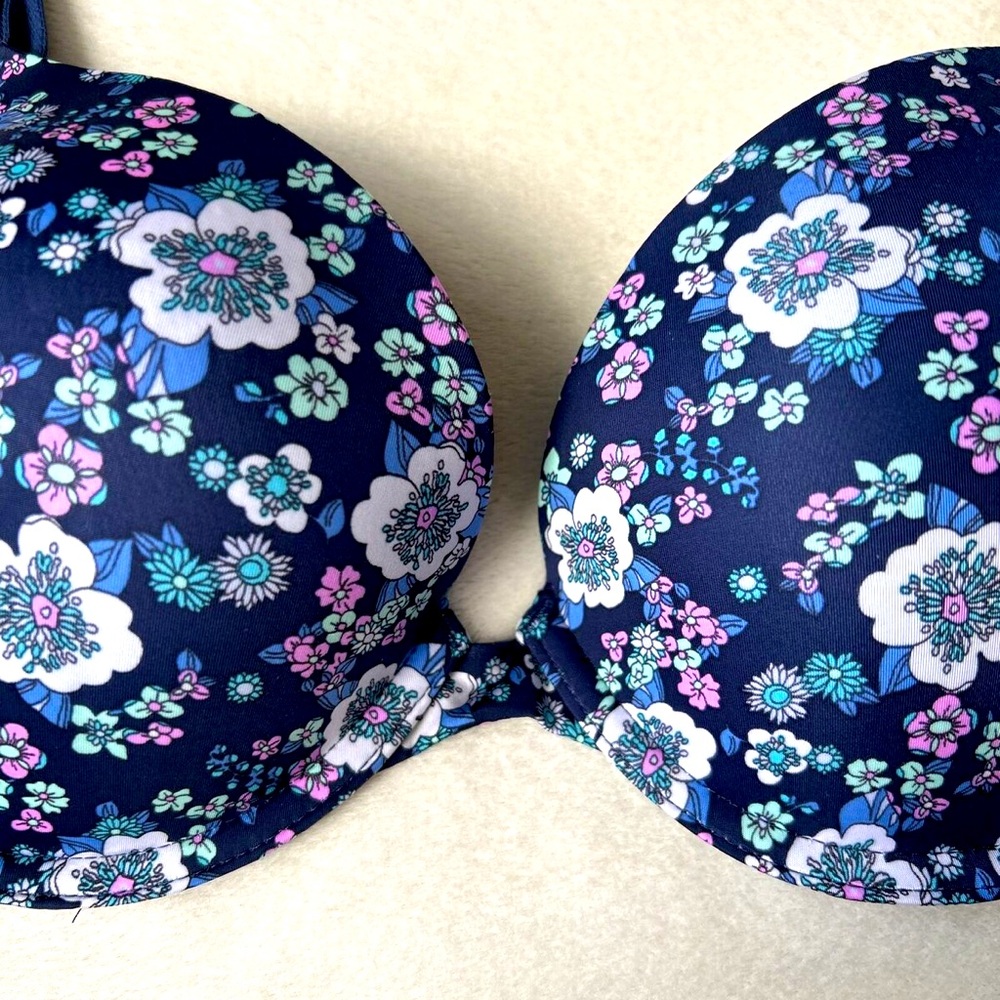 Victoria's Secret 32DD Sexy Tee Smooth Push Up Underwire Bra Navy Blue Floral